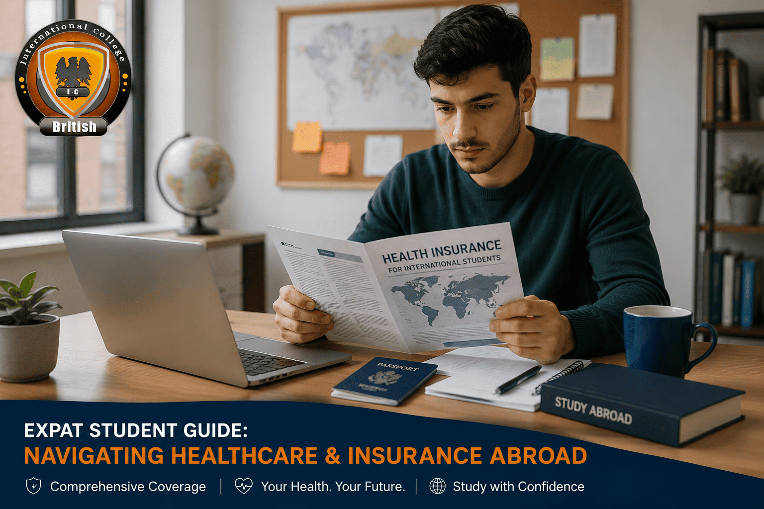 A male international student reviewing healthcare insurance documents and study abroad medical policies.